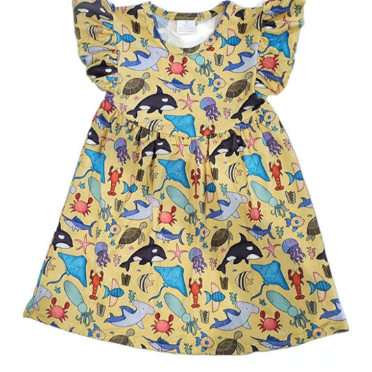 Animal fun yellow flutter sleeve dress